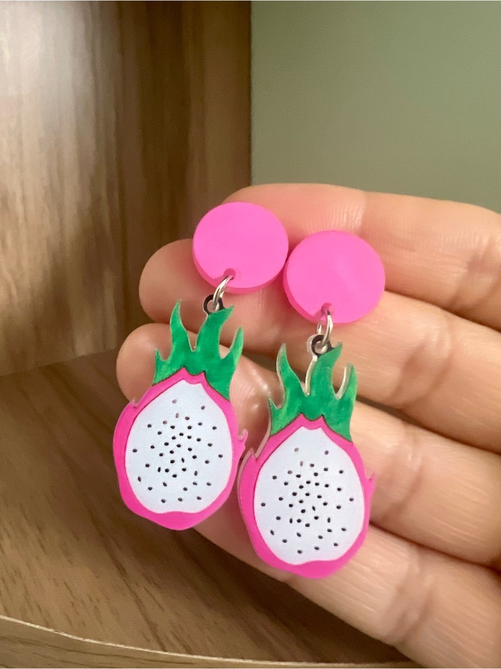 Vibrant Pink & Green Dragon Fruit Dangle Earrings